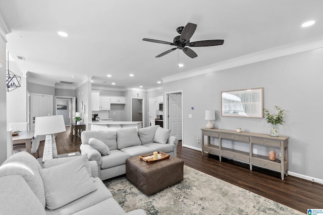 4652 Lake Valley Dr, Hoover, AL 35244 - living area with dark wood finished floors, ornamental molding, a ceiling fan, and recessed lighting