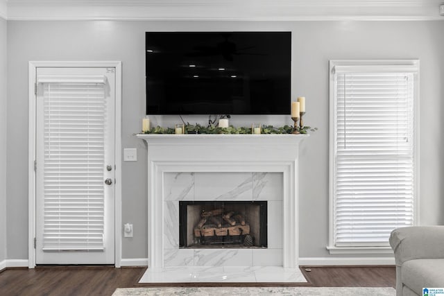 4652 Lake Valley Dr, Hoover, AL 35244 - living area with ornamental molding, a premium fireplace, wood finished floors, and ceiling fan