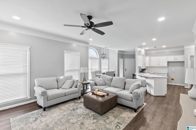 4652 Lake Valley Dr, Hoover, AL 35244 - living room with ornamental molding, ceiling fan, dark wood-type flooring, and recessed lighting