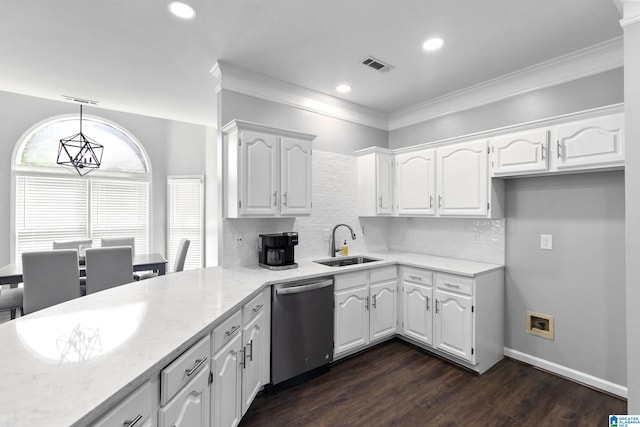 4652 Lake Valley Dr, Hoover, AL 35244 - kitchen featuring stainless steel dishwasher, white cabinets, backsplash, dark wood-style flooring, and crown molding