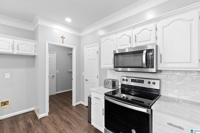 4652 Lake Valley Dr, Hoover, AL 35244 - kitchen featuring stainless steel appliances, ornamental molding, white cabinetry, dark wood finished floors, and tasteful backsplash
