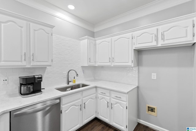 4652 Lake Valley Dr, Hoover, AL 35244 - kitchen featuring dishwasher, backsplash, white cabinetry, and crown molding
