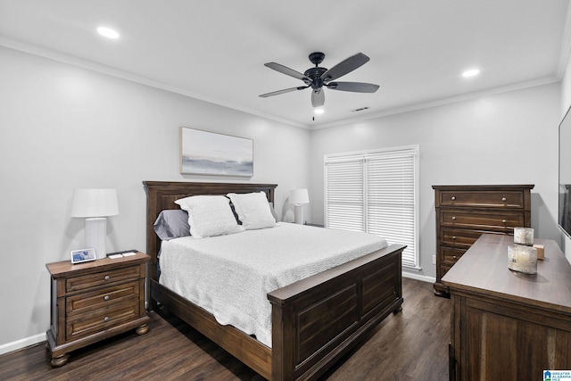 4652 Lake Valley Dr, Hoover, AL 35244 - bedroom featuring dark wood finished floors, crown molding, a ceiling fan, and recessed lighting