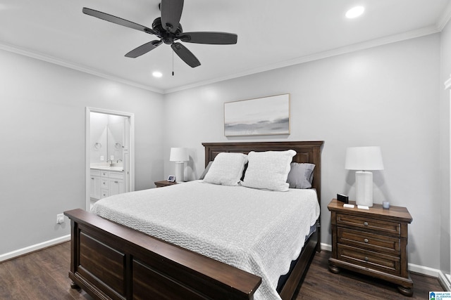 4652 Lake Valley Dr, Hoover, AL 35244 - bedroom featuring dark wood-type flooring, recessed lighting, connected bathroom, crown molding, and ceiling fan
