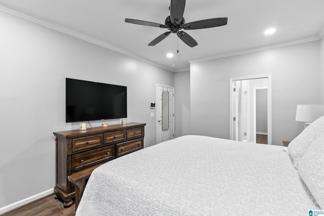 4652 Lake Valley Dr, Hoover, AL 35244 - bedroom with dark wood finished floors, ornamental molding, recessed lighting, and a ceiling fan