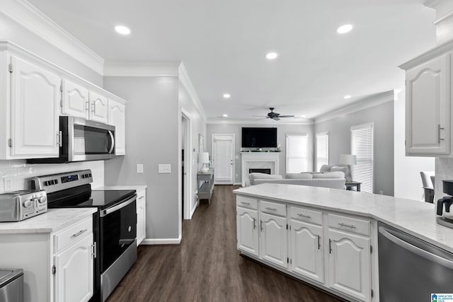 4652 Lake Valley Dr, Hoover, AL 35244 - kitchen with appliances with stainless steel finishes, ceiling fan, dark wood-type flooring, crown molding, and white cabinetry