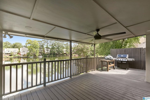 4652 Lake Valley Dr, Hoover, AL 35244 - wooden terrace featuring a water view, grilling area, and a ceiling fan