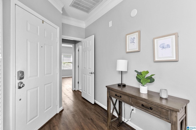 4652 Lake Valley Dr, Hoover, AL 35244 - hallway featuring crown molding and dark wood finished floors