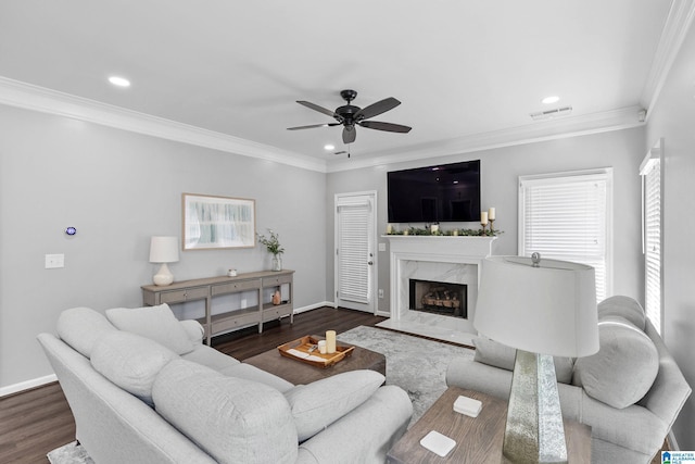 4652 Lake Valley Dr, Hoover, AL 35244 - living room with dark wood-style floors, ceiling fan, recessed lighting, a high end fireplace, and crown molding