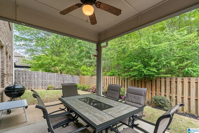 5432 Parkside Cir, Hoover, AL 35244 - fenced backyard featuring outdoor dining space, ceiling fan, and a patio area
