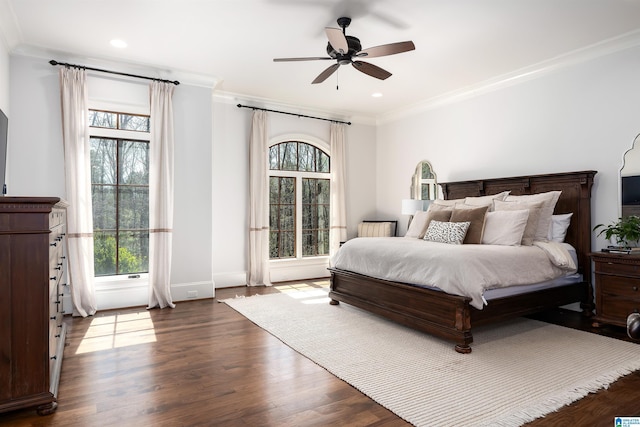 6902 Honor Keith Rd, Trussville, AL 35173 - bedroom with ornamental molding, dark wood-type flooring, a ceiling fan, and recessed lighting