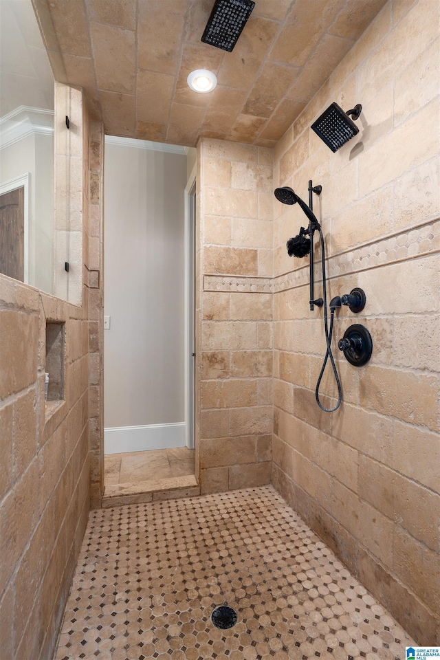 6902 Honor Keith Rd, Trussville, AL 35173 - bathroom with a tile shower and ornamental molding