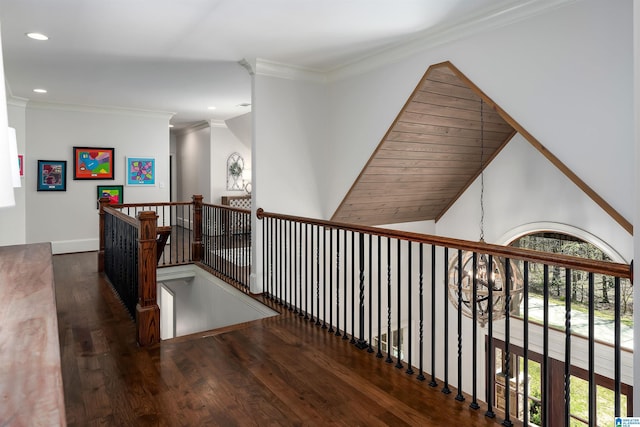 6902 Honor Keith Rd, Trussville, AL 35173 - hallway with an upstairs landing, wood finished floors, recessed lighting, and ornamental molding