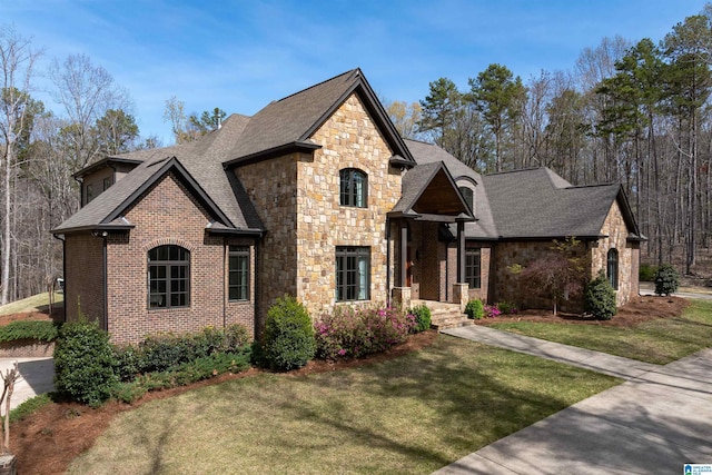 6902 Honor Keith Rd, Trussville, AL 35173 - french country inspired facade featuring stone siding, a front yard, a shingled roof, and brick siding