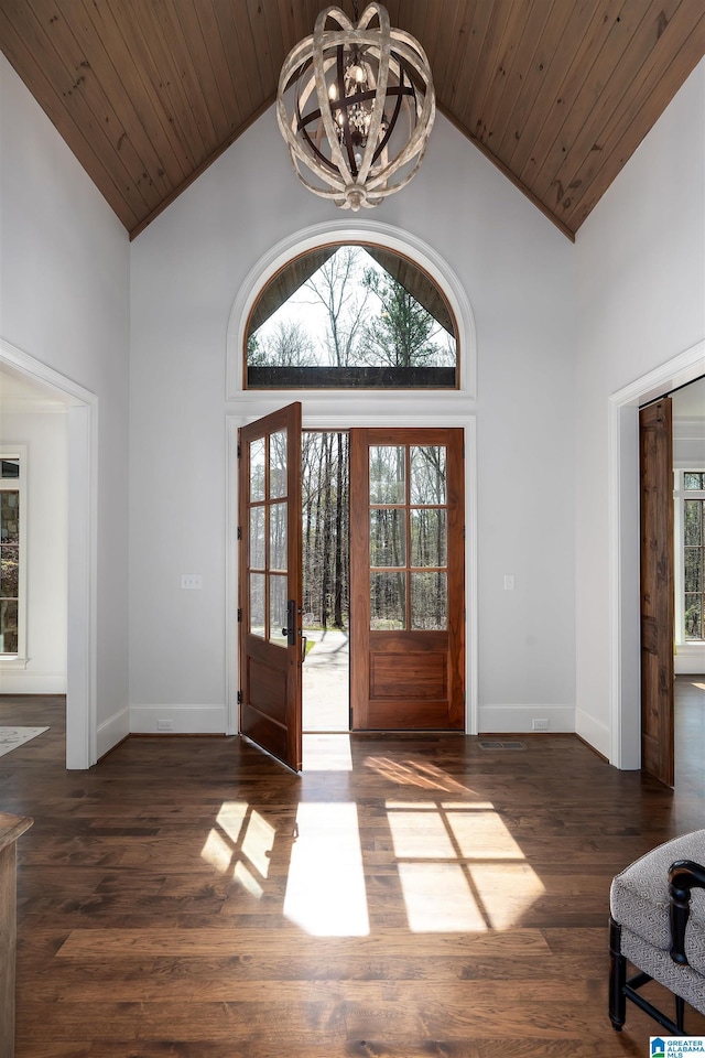 6902 Honor Keith Rd, Trussville, AL 35173 - foyer featuring a chandelier, high vaulted ceiling, wooden ceiling, and wood finished floors