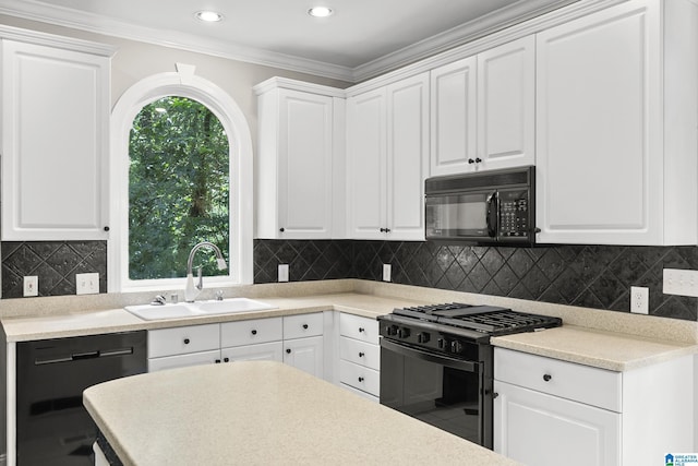 5521 Magnolia Trce, Hoover, AL 35244 - kitchen with black appliances, white cabinets, crown molding, and recessed lighting