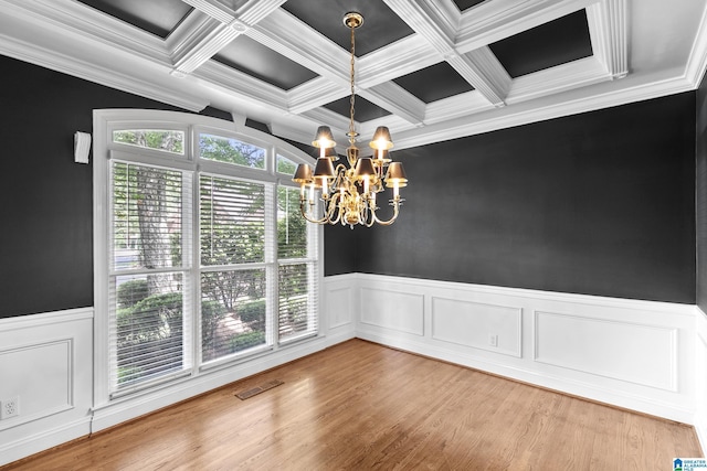 5521 Magnolia Trce, Hoover, AL 35244 - unfurnished dining area featuring a chandelier, a wainscoted wall, coffered ceiling, ornamental molding, and beam ceiling