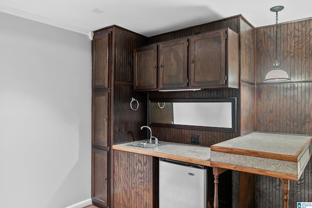 5521 Magnolia Trce, Hoover, AL 35244 - kitchen featuring fridge, light countertops, dark brown cabinetry, ornamental molding, and decorative light fixtures