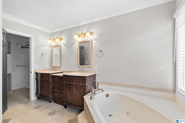 5521 Magnolia Trce, Hoover, AL 35244 - bathroom with a whirlpool tub, double vanity, tile patterned floors, ornamental molding, and plenty of natural light