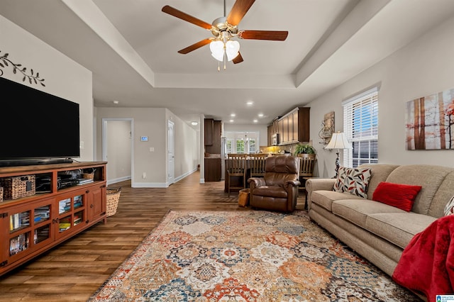 143 Hidden Trace Ct, Montevallo, AL 35115 - living room with a tray ceiling, wood finished floors, a ceiling fan, and recessed lighting