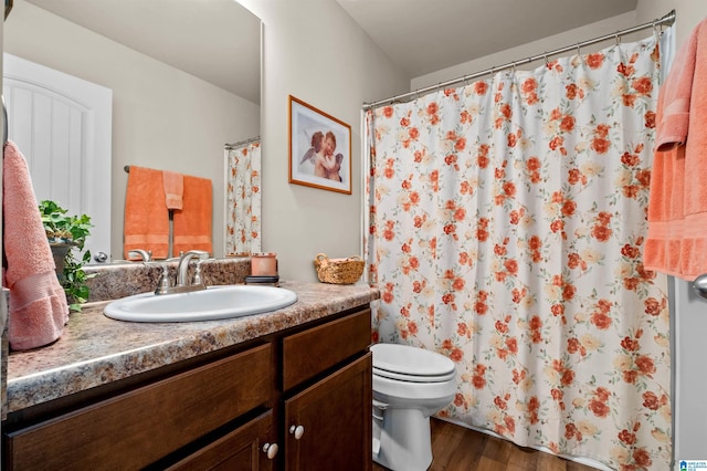 143 Hidden Trace Ct, Montevallo, AL 35115 - full bathroom with wood finished floors, vanity, and a shower with curtain