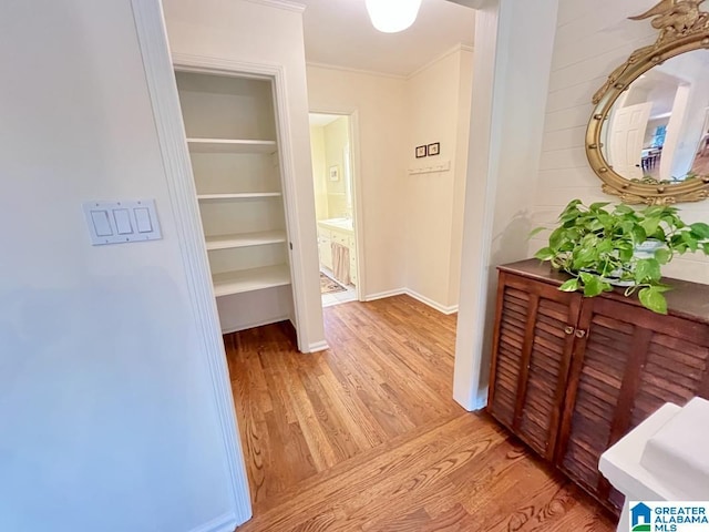2713 Altadena Lake Rd, Birmingham, AL 35243 - corridor featuring light wood-type flooring, crown molding, and built in shelves