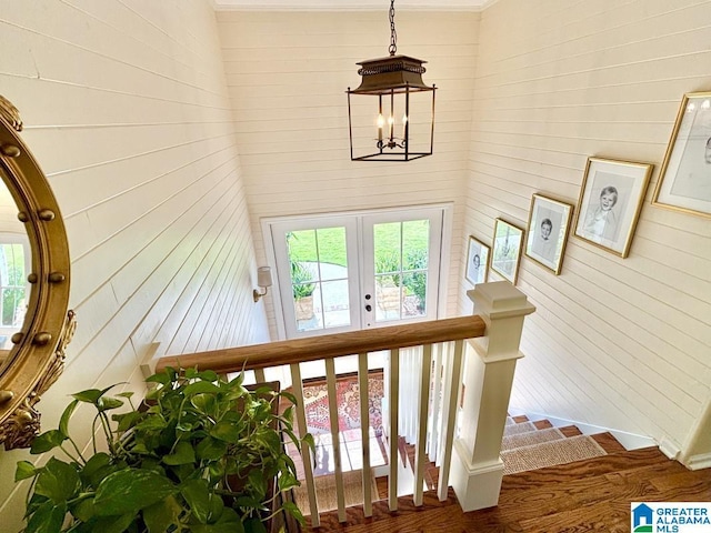 2713 Altadena Lake Rd, Birmingham, AL 35243 - stairs with a chandelier, wood finished floors, ornamental molding, and french doors