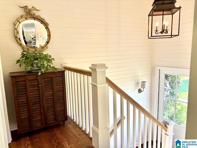 2713 Altadena Lake Rd, Birmingham, AL 35243 - stairs featuring wood finished floors and a chandelier
