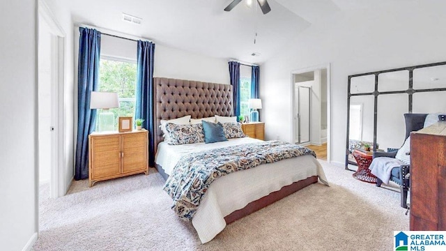 545 Sterling Pl, Odenville, AL 35120 - bedroom featuring carpet, vaulted ceiling, and ceiling fan