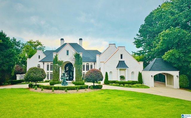5615 Canongate Ln, Hoover, AL 35242 - french country style house featuring a front lawn, curved driveway, and a chimney