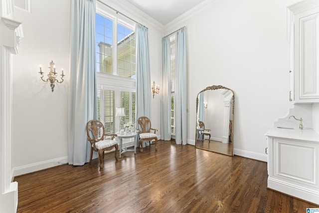5615 Canongate Ln, Hoover, AL 35242 - sitting room featuring healthy amount of natural light, a towering ceiling, dark wood-type flooring, and crown molding