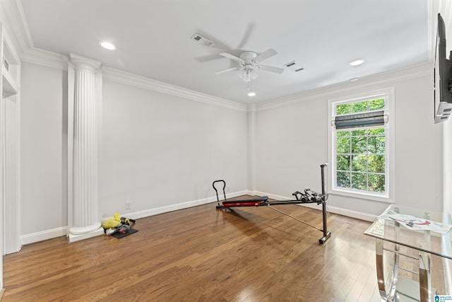 5615 Canongate Ln, Hoover, AL 35242 - exercise area featuring decorative columns, crown molding, ceiling fan, wood finished floors, and recessed lighting