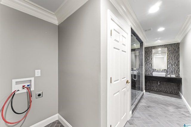 5615 Canongate Ln, Hoover, AL 35242 - laundry area with electric dryer hookup, washer hookup, crown molding, and recessed lighting