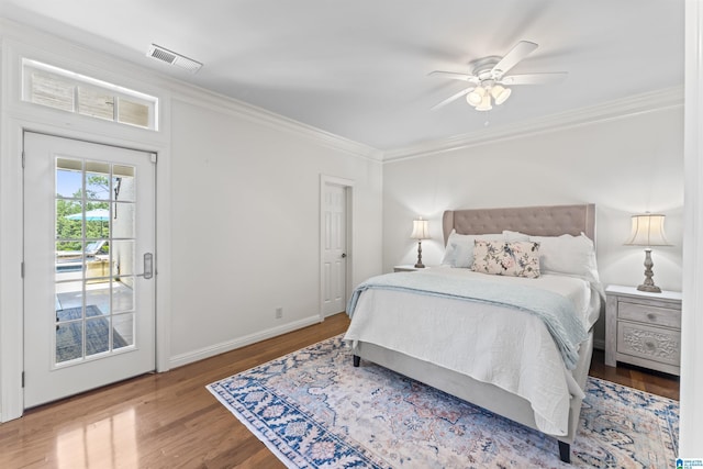 5615 Canongate Ln, Hoover, AL 35242 - bedroom featuring access to exterior, crown molding, wood finished floors, and a ceiling fan
