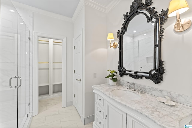 5615 Canongate Ln, Hoover, AL 35242 - full bathroom featuring a closet, marble finish floors, vanity, a shower stall, and ornamental molding