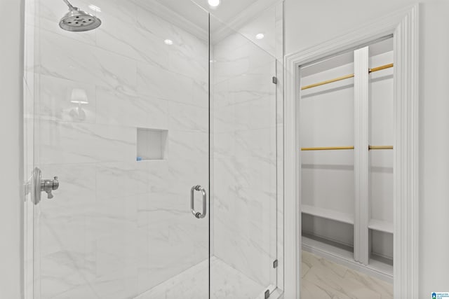 5615 Canongate Ln, Hoover, AL 35242 - bathroom with a marble finish shower, marble finish floors, and a walk in closet