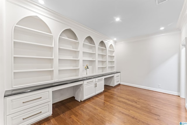 5615 Canongate Ln, Hoover, AL 35242 - unfurnished office featuring built in study area, crown molding, light wood-type flooring, and recessed lighting
