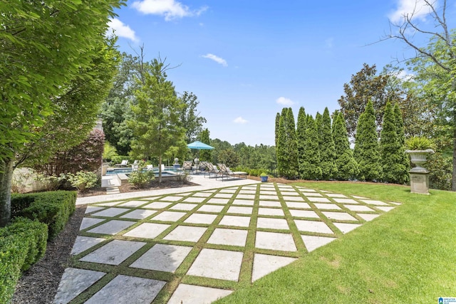 5615 Canongate Ln, Hoover, AL 35242 - view of green lawn with a swimming pool and a patio area