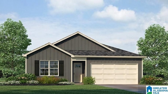 365 Koslin Loop, Calera, AL 35040 - view of front facade featuring an attached garage, roof with shingles, board and batten siding, concrete driveway, and a front yard