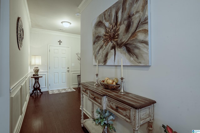 4955 Stonecreek Way, Calera, AL 35040 - corridor featuring ornamental molding, dark wood-style floors, a wainscoted wall, and a decorative wall