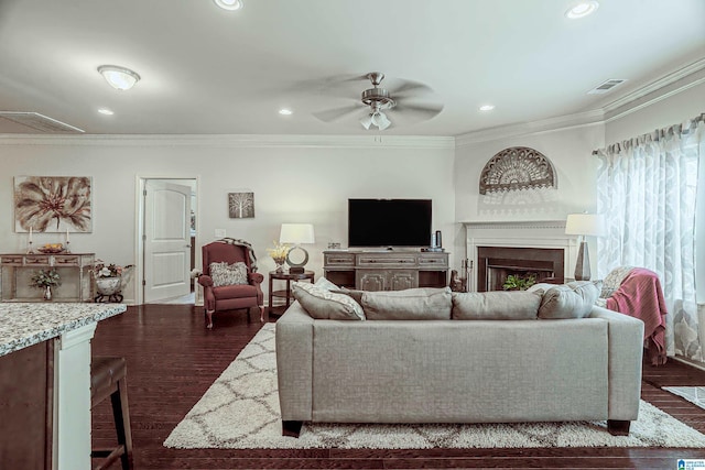 4955 Stonecreek Way, Calera, AL 35040 - living room featuring a ceiling fan, crown molding, a fireplace, recessed lighting, and dark wood-type flooring