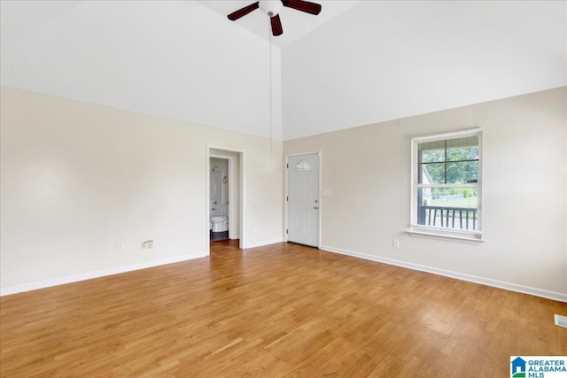 1324 Fulton Ave SW, Birmingham, AL 35211 - empty room featuring light wood-type flooring, a ceiling fan, and high vaulted ceiling