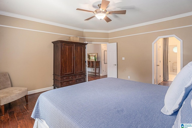 1813 Southpointe Cir, Hoover, AL 35244 - bedroom with dark wood finished floors, ornamental molding, a ceiling fan, arched walkways, and ensuite bathroom