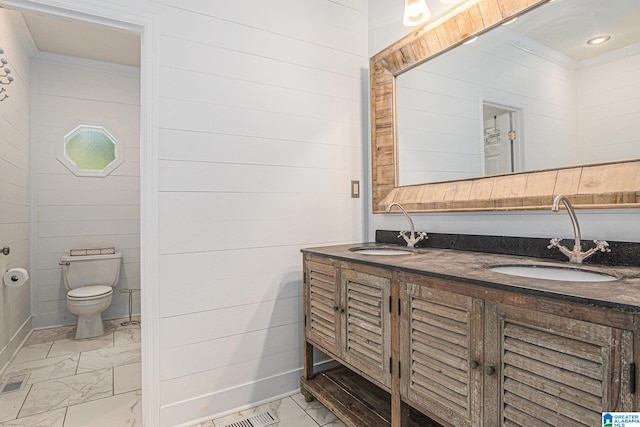 1813 Southpointe Cir, Hoover, AL 35244 - full bath featuring marble finish flooring, double vanity, crown molding, and wood walls