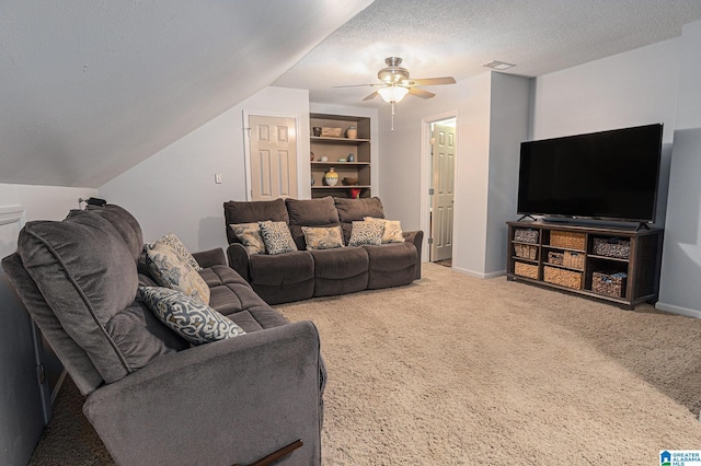 1813 Southpointe Cir, Hoover, AL 35244 - living room with ceiling fan, carpet, built in features, and a textured ceiling