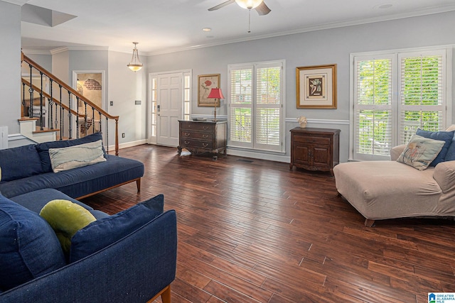 1813 Southpointe Cir, Hoover, AL 35244 - living area with ceiling fan, stairway, dark wood-style flooring, ornamental molding, and recessed lighting