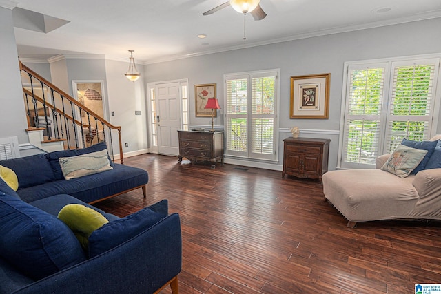 1813 Southpointe Cir, Hoover, AL 35244 - living room featuring ceiling fan, stairway, wood-type flooring, ornamental molding, and recessed lighting