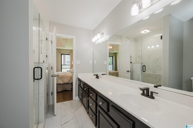 5904 Russet Meadows Way, Helena, AL 35244 - ensuite bathroom with marble look tile flooring, plenty of natural light, double vanity, and a marble finish shower