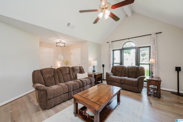 5904 Russet Meadows Way, Helena, AL 35244 - living area with beam ceiling, high vaulted ceiling, light wood-type flooring, and ceiling fan