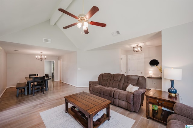 5904 Russet Meadows Way, Helena, AL 35244 - living area featuring a chandelier, beam ceiling, light wood-style flooring, ceiling fan, and high vaulted ceiling